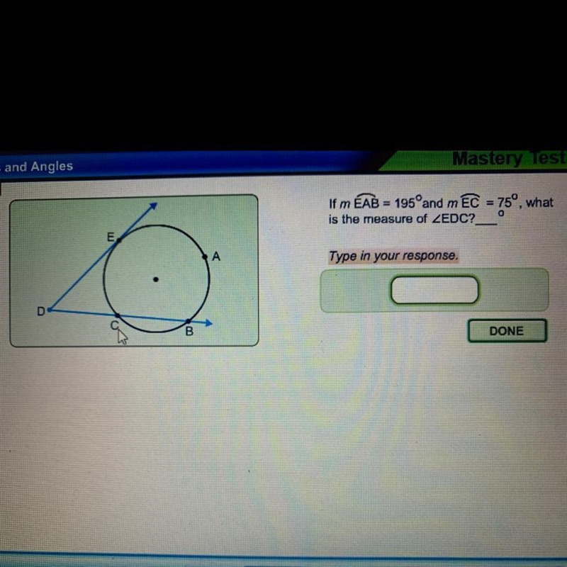 If m EAB = 195 degrees and m EC = 75 degrees what is the measure of angle EDC-example-1