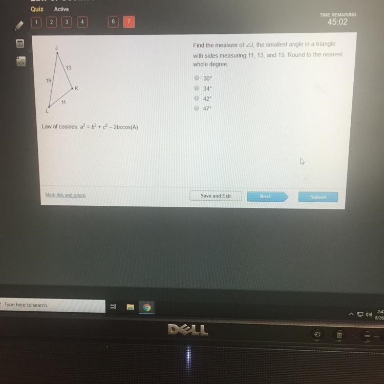 Find the measure of angle J, the smallest angle in a triangle with sides measuring-example-1