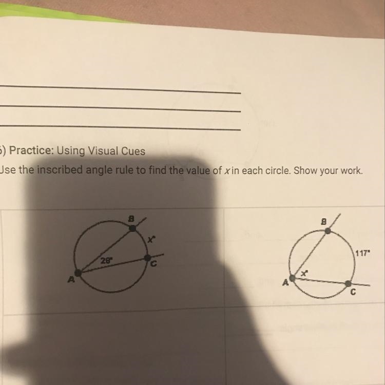 Use the inscribed angle rule to find the value of xin each circle. Show your work-example-1