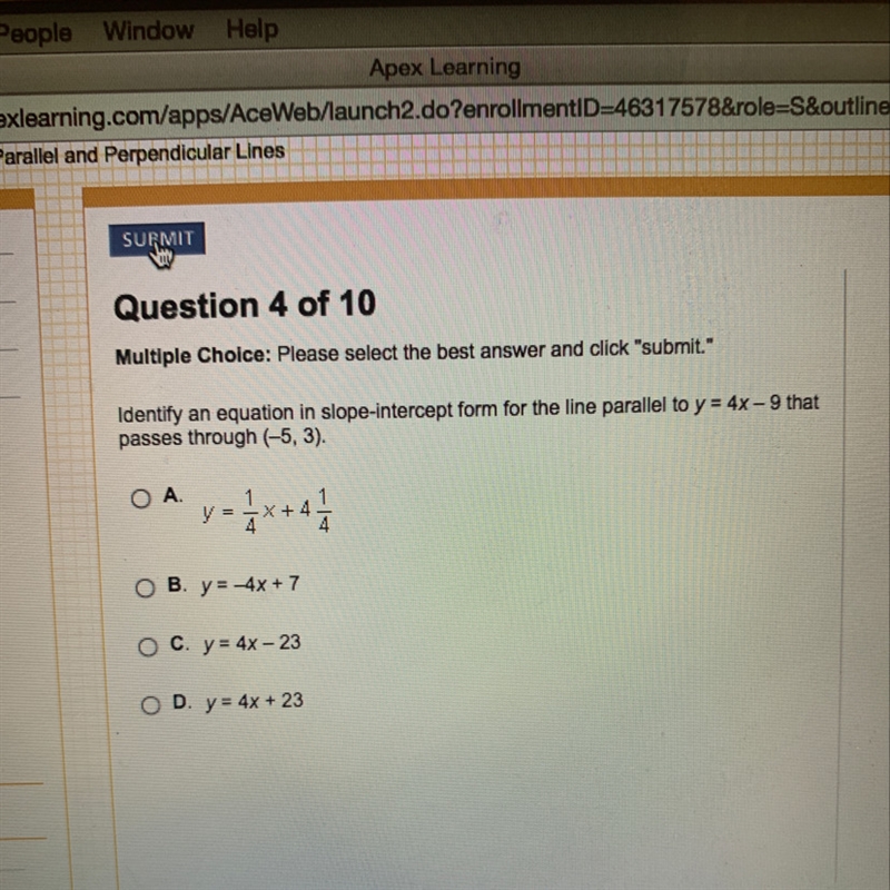 Identify an equation in slope-intercept form for the line parallel to y 4x-9 that-example-1