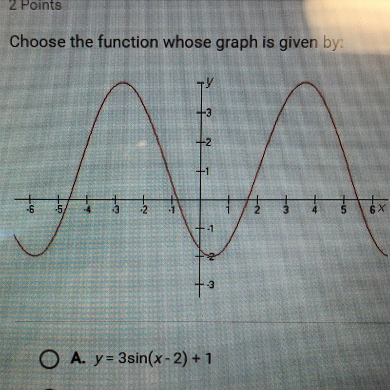 Choose the function whose graph is given by: A. y=3sin(x-2)+1 B. y=3cos(x-3)+1 C. y-example-1