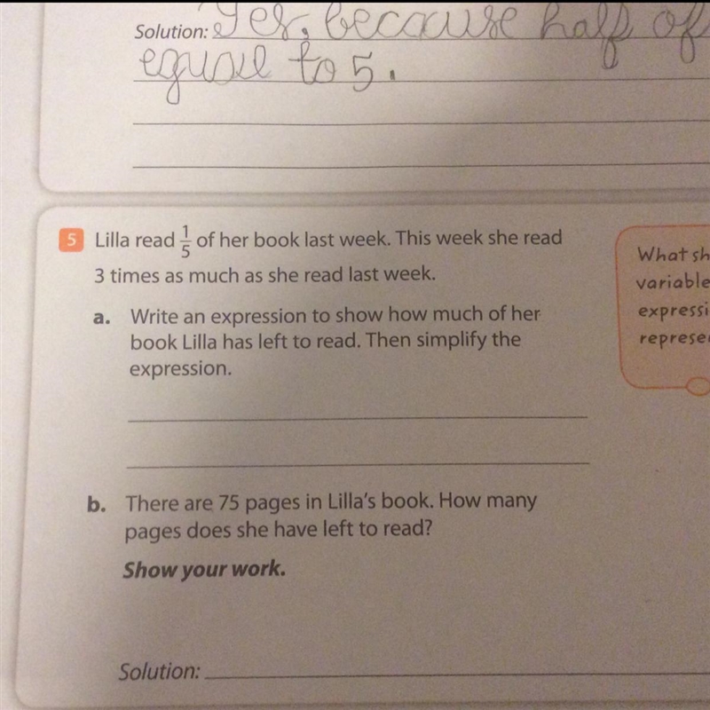 Lilla read 1/5 of her book last week. This week she read 3 times as much as she read-example-1