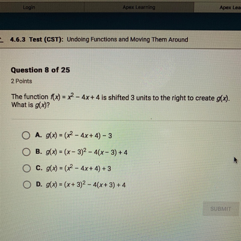 HELP ASAP WILL GIVE 15 POINTS!! the function f(x) = x^2 - 4x + 4 is shifted 3 units-example-1