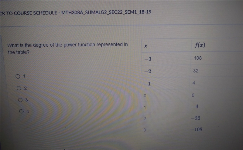 What is the degree of the power function represented in the table? A. 1 B. 2 C. 3 D-example-1