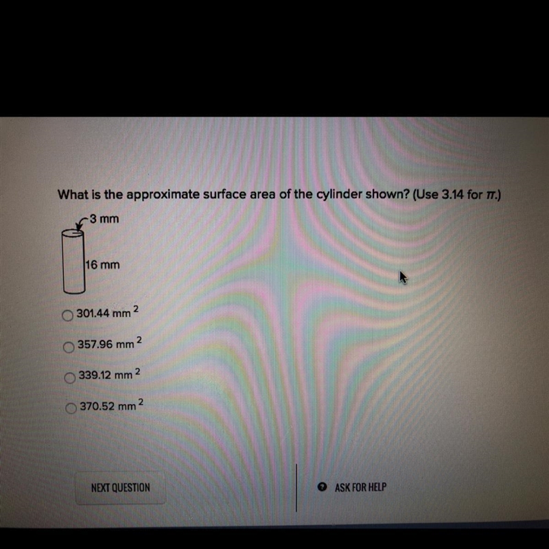 What is the approximate surface area of the cylinder shown?-example-1