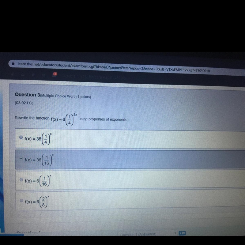 Rewrite the function f(x)=6(1/4)^2x using properties of exponents-example-1