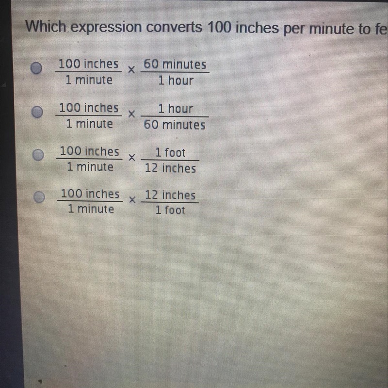 Which expression concerts 100 inches per minute to feet per minute-example-1