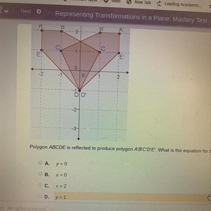 Polygon ABCDE is reflected to produce polygon A'B'C'D'E. What is the equation for-example-1