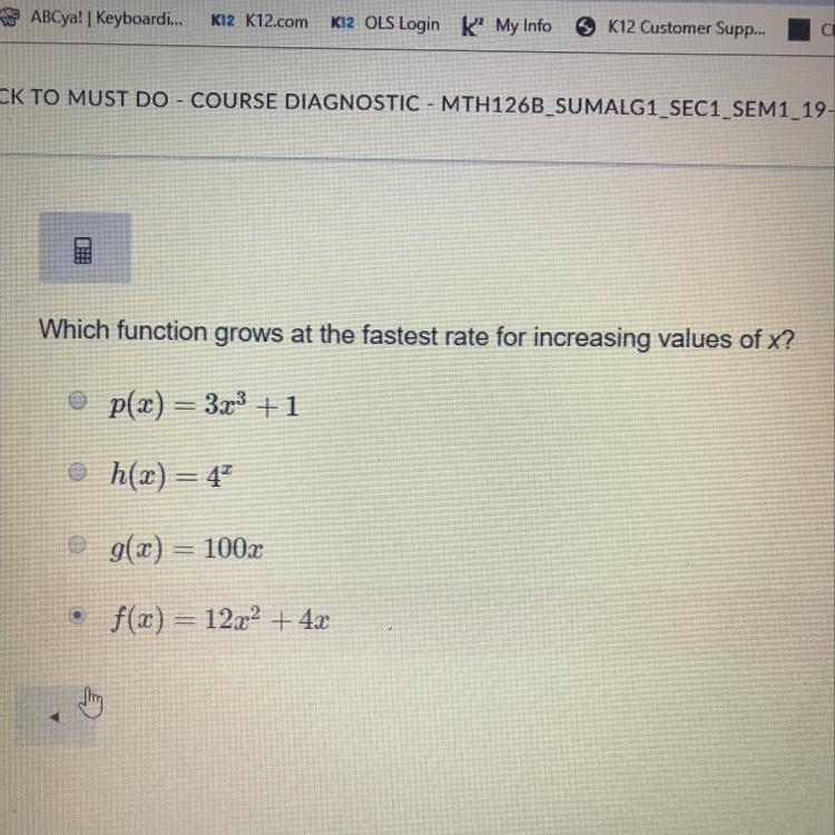 Which function grows at the fastest rate for increasing values of x? Helpppp :(-example-1