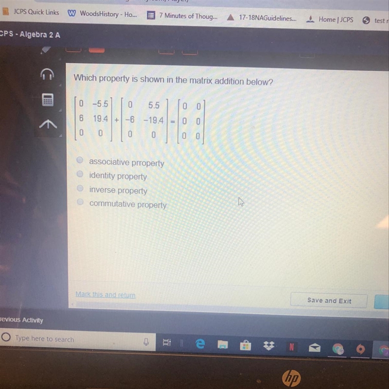 ANSWER ASAP !! TIMED!! Which property is shown in the matrix addition below? associative-example-1