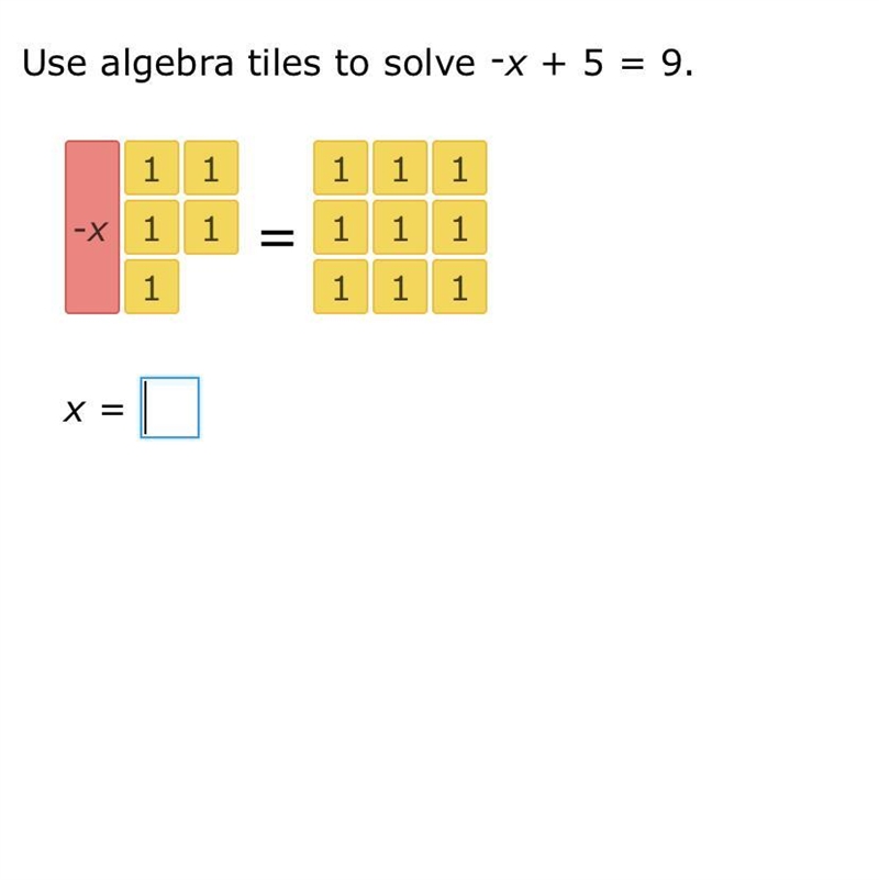 Use algebra tiles to solve -x+5=9-example-1