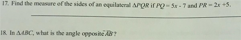 ( need help on geometry w/pic ) 17. Find the measure of the size of an equilateral-example-1