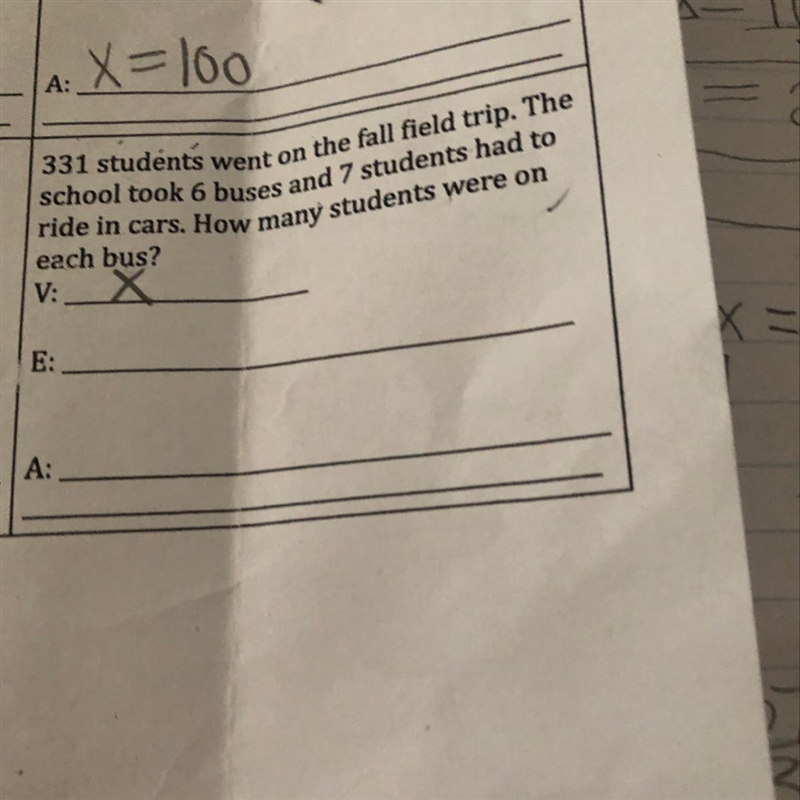 The variable is x. Find a equation with x with one of the numbers. Then the answer-example-1