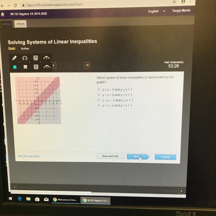 Which system of linear inequalities is represented by the graph?-example-1