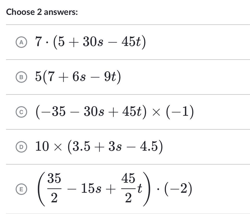 Which expressions are equivalent to 35 + 30s -45t? (Can y’all do this it would be-example-1