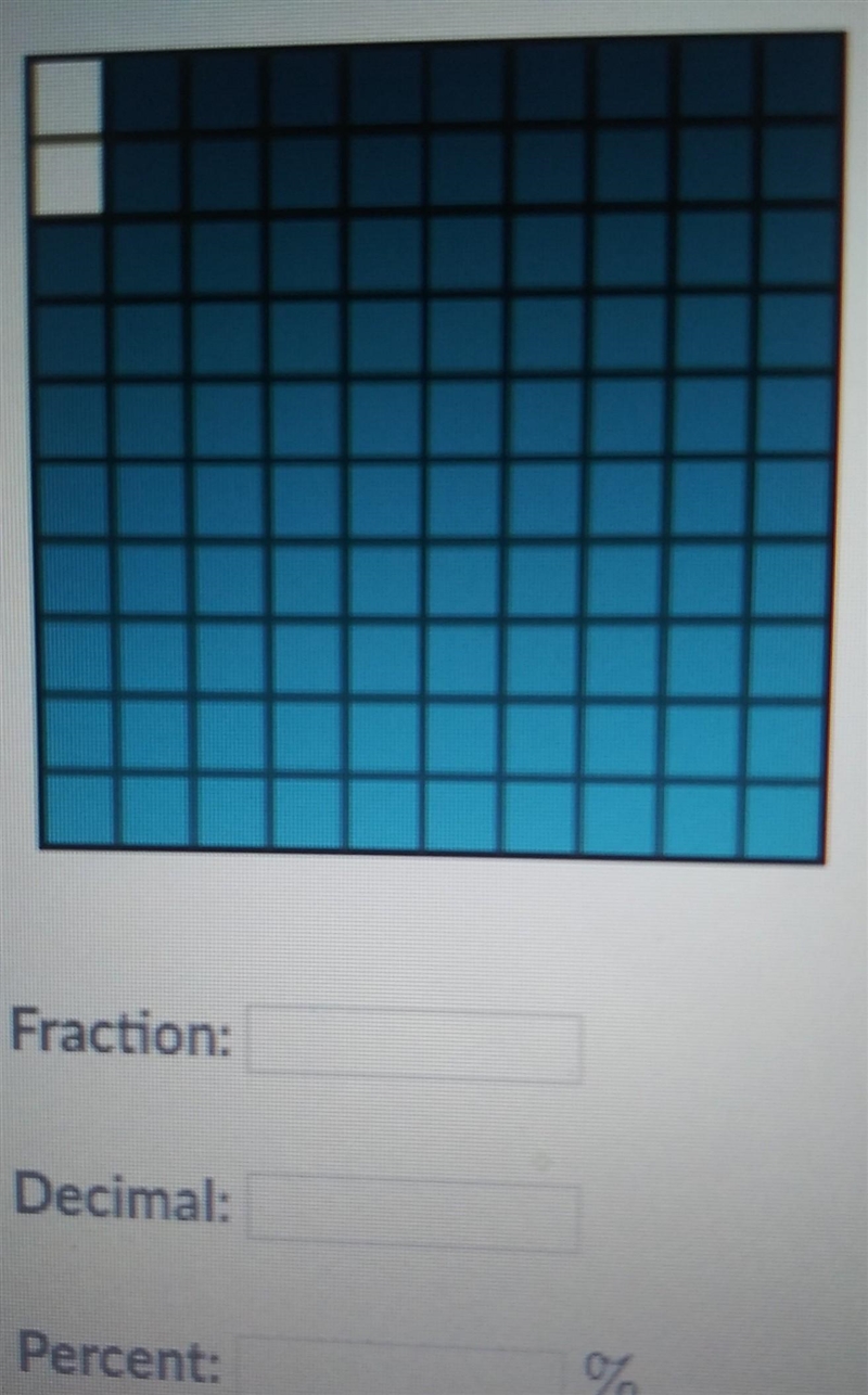 Express the shaded area as a fraction, a decimal, and a percent of the whole.​ please-example-1