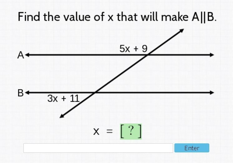 Find the value of x that will make A||B Thanks for helping. :)-example-1