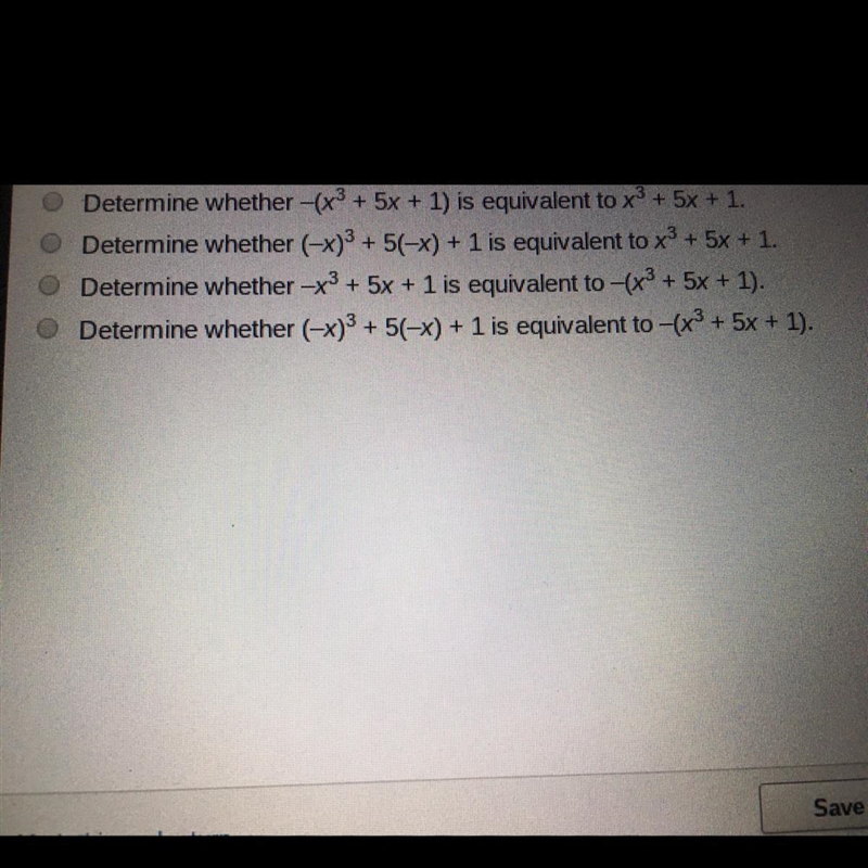 Which statement best describes how to determine wether f(x)=x^3 +5x+1 is an even function-example-1