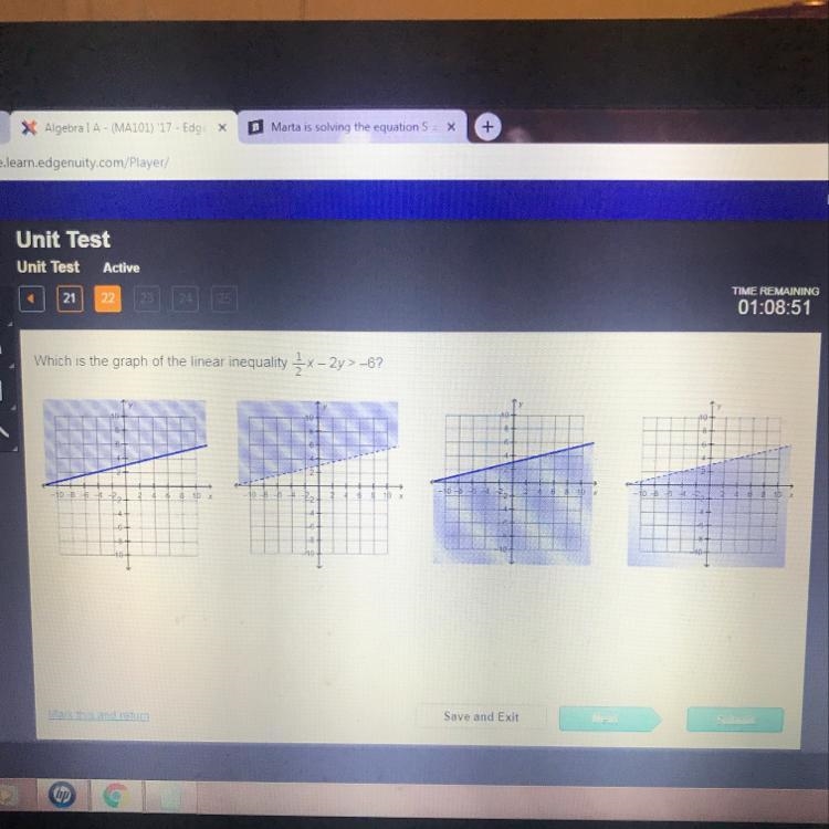 Which is the graph of the linear inequality 1/2 x-2y>-6 ?-example-1