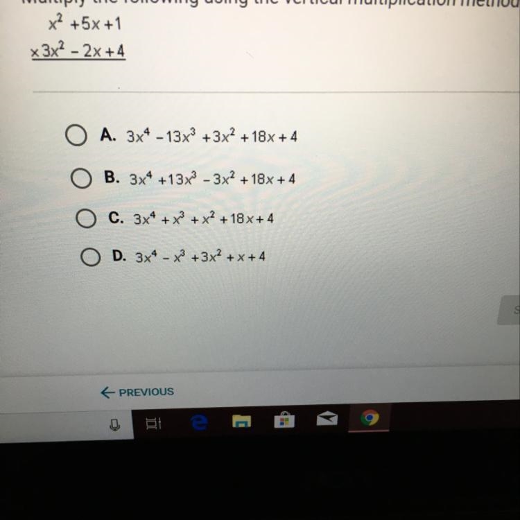 Multiplying the following using the vertical multiplication method: x^2+5x+1•x3x^2-2x-example-1