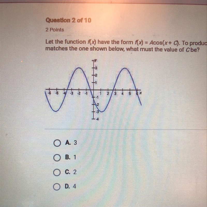 Let the function f(x) have the form fx) = Acos(x+C). To produce a graph that matches-example-1