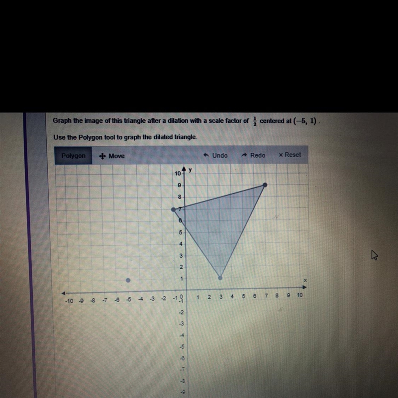 Graph the image of this triangle after a dilation with a scale factor of 1/2 centered-example-1