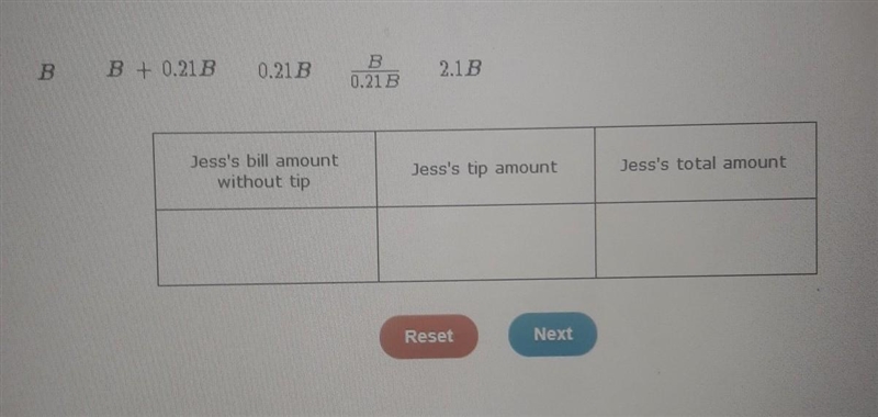 Jass has dinner at a restaurant the dinner bill is B dollars. She pays a 21% tip. Put-example-1