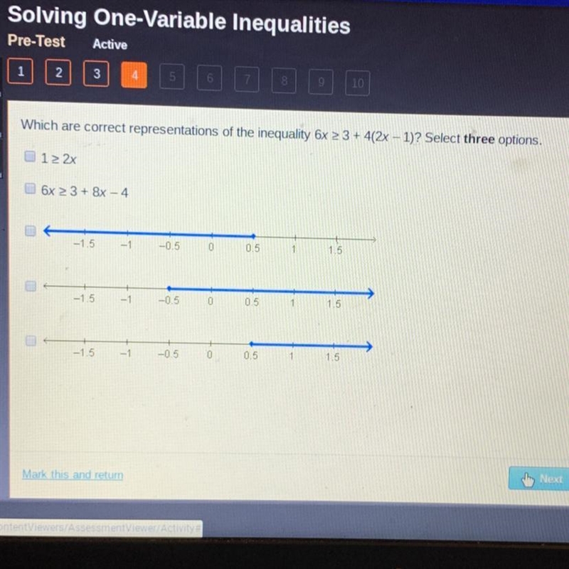 Which are correct representations of the inequality 6x > 3 + 4/2x-112 Select three-example-1