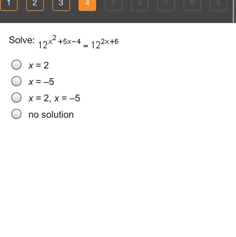 Solve: 12^x2+5x-4 =12^2x+6-example-1