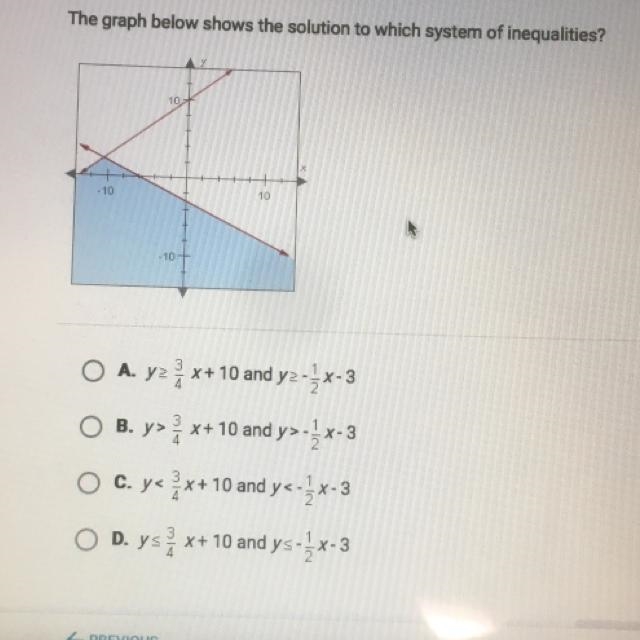 The graph below shows the solution to which system of inequalities?-example-1