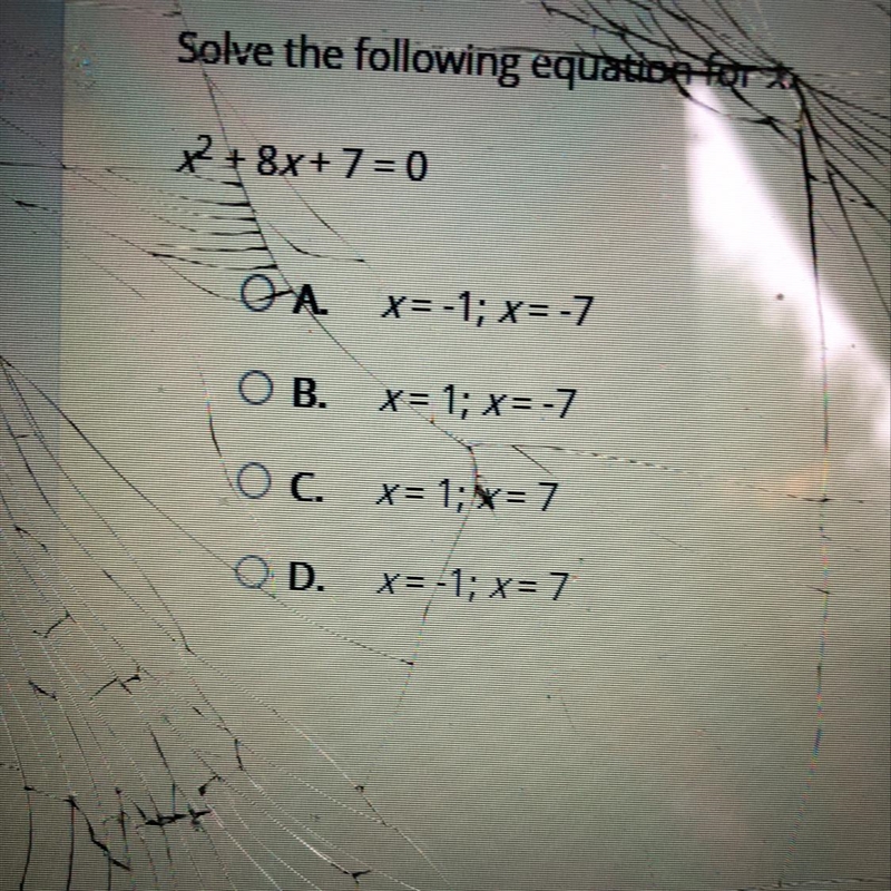 30 pts! solve the following equation for x. x^2+8x+7=0-example-1