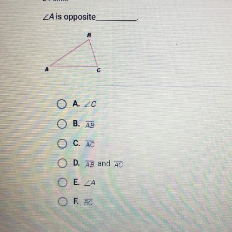 ZA is opposite ОА. 20 Ов. Ав Ос. Ас AB and AC F. 30 I’m on Apex! Somebody help me-example-1