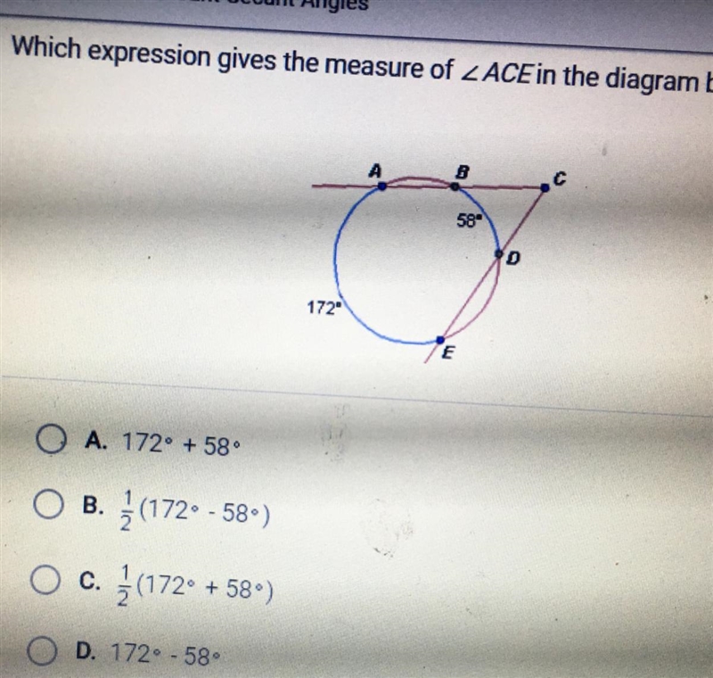 Which expression gives the measure of ACE in the diagram below-example-1