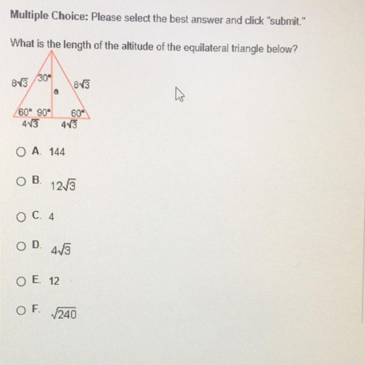 What is the length of the altitude of the equilateral triangle below?-example-1