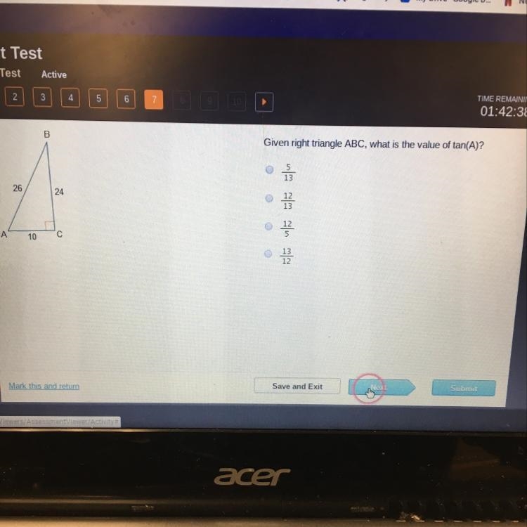 Given right angle abc, what is the value of tan(A)-example-1