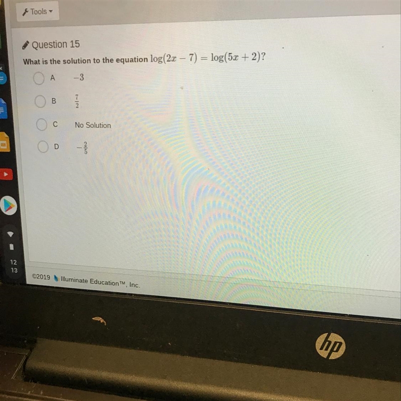 What is the solution to the equation log(2x — 7) = log(5х + 2)? NEEED ANSWER ASAP-example-1