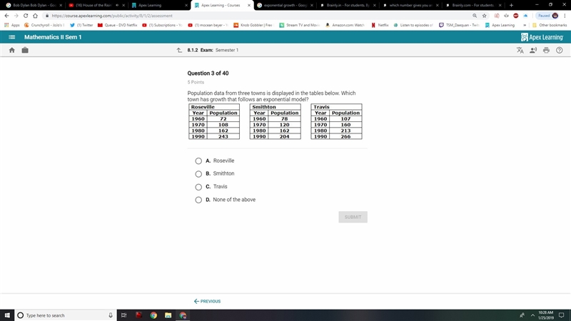 Population data from three towns is displayed in the tables below. which town has-example-1