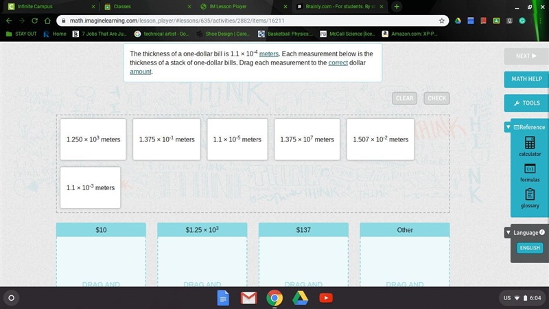 The thickness of a one-dollar bill is 1.1 × 10-4 meters. Each measurement below is-example-1