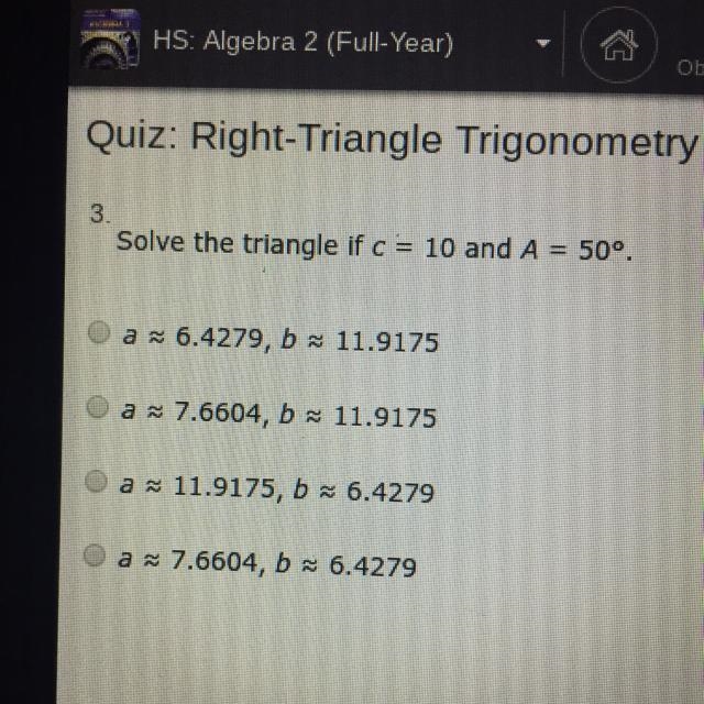 Solve the triangle if c = 10 and A = 50 degrees-example-1