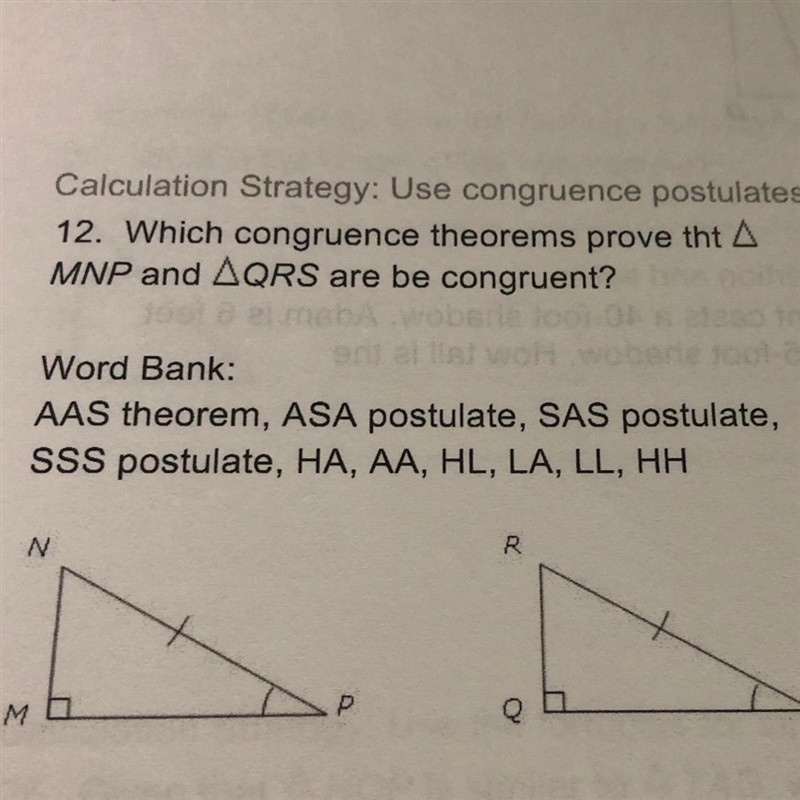 Which congruence theorems prove tht MNP and QRS are be congruent? Word Bank: AAS theorem-example-1