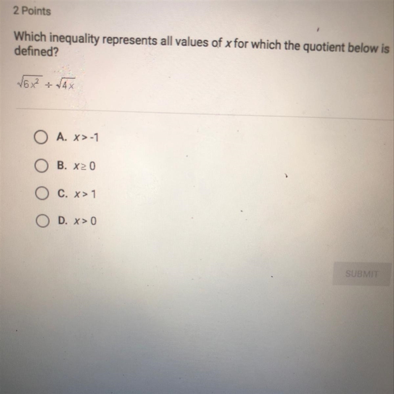 Which inequality represent all values of x for which the quotient below is defined-example-1