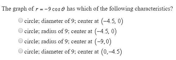 The graph of r = -9 cos theta has which of the following characteristics?-example-1