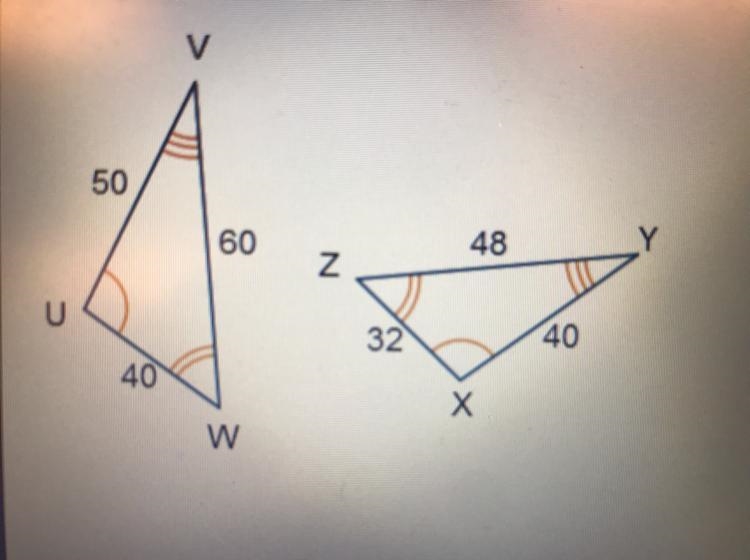 Which statement best describes triangles UVW and XYZ? A. They are similar and congruent-example-1