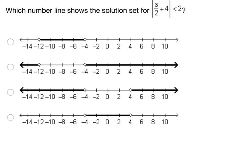 Which number line shows the solution set for |s/2+4| < 2-example-1