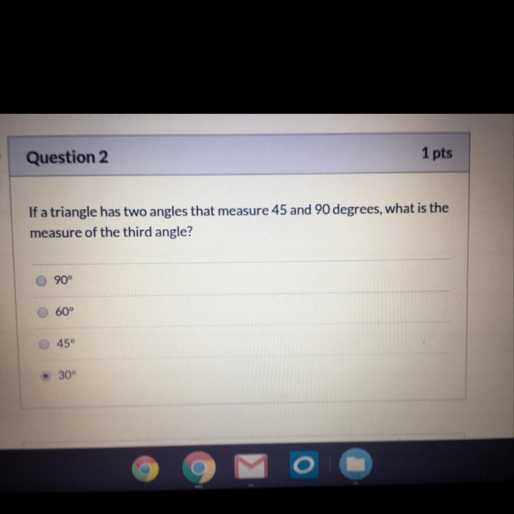 If a triangle has two angles that measure 45 and 90 degrees, what is the measure of-example-1