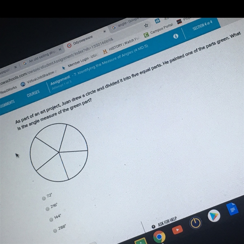 As part of an art project, Juan drew a circle and divided it into five equal parts-example-1