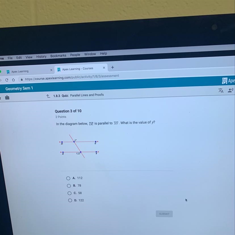 In the diagram below, DE is parallel to XY. What is the value of y?-example-1