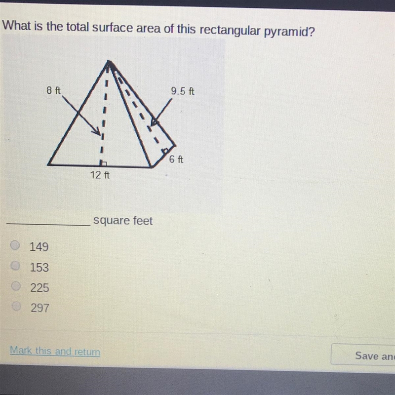 What is the total surface area of this rectangular pyramid? 9.5 ft 12 ft square feet-example-1