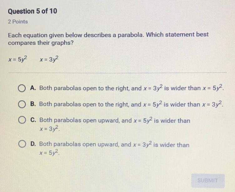 Each equation given below describes a parabola. Which statement best compares their-example-1