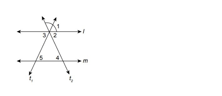 Lines l and m are parallel. lines t1 and t2 are transversals. What is m<1 if m-example-1